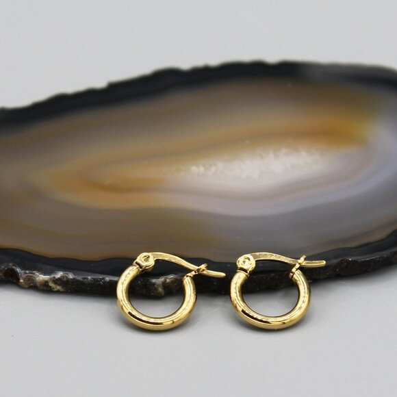 Jewelry earrings hoop hoops 10mm wide thin yellow gold tone small elegant new - Picture 3 of 9